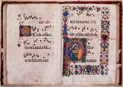 Bibliothèque Piccolomini : livre de chœur, cod. 102.8, ff. 47v-48r avec « Nativité » - Pellegrino di Mariano