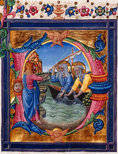 Bibliothèque Piccolomini : livre de chœur, cod. 11.M, ff. 4r avec « Appel de Saint Pierre et Saint André » (détail) - Pellegrino di Mariano