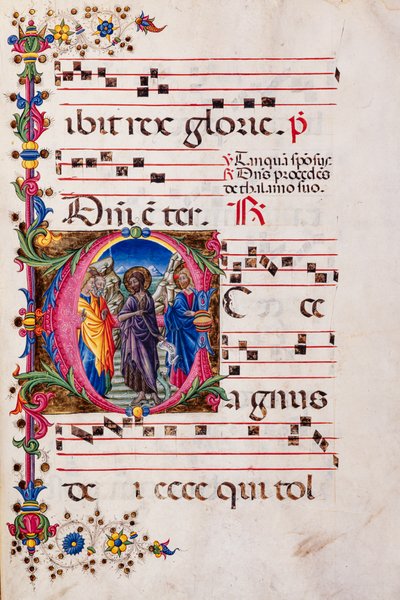 Bibliothèque Piccolomini : livre de chœur, cod. 2.B, ff. 105r avec "Prédication de Saint Jean-Baptiste" - Pellegrino di Mariano