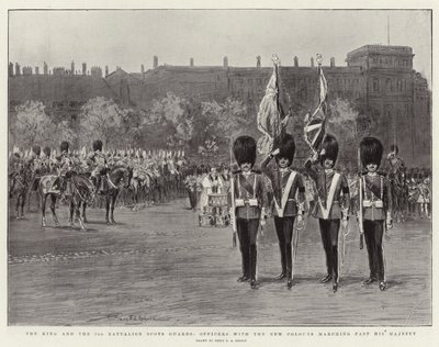 Le roi et le 3e bataillon des Scots Guards, les officiers avec les nouvelles couleurs défilant devant Sa Majesté - Percy F.S. Spence