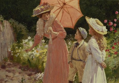 Une dame avec une ombrelle montrant comment faire un tonneau de fraises - Percy Tarrant