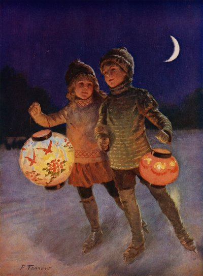 Garçon et fille patinant avec des lanternes féeriques la nuit - Percy Tarrant