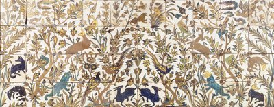 Panneau de carreaux curda seca, comprenant quatre rangées de dix carreaux, peint avec de la végétation habitée par des oiseaux, des cerfs et des lions, 17ème siècle - Persian School
