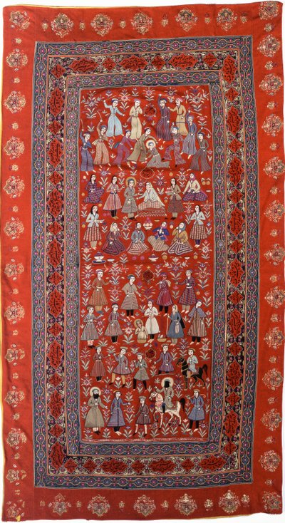 Une tenture brodée en drap de laine rouge avec des rangées de figures représentant la vie de Joseph - Persian School