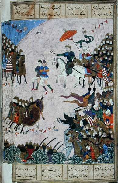 Bataille entre Isfandiyar et Arjasp, illustration du 