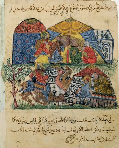 Ms C-23 f.43b, Un vieil homme et un jeune homme devant les tentes des riches pèlerins, des 