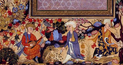 Miniature persane représentant une scène de divertissement avec des musiciens (détail) - Persian School