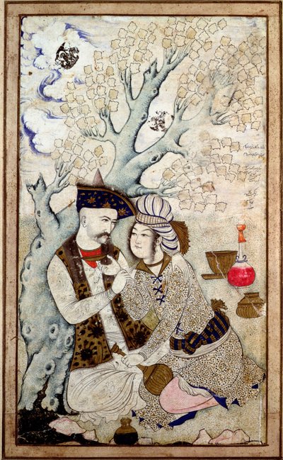 Portrait de Shah Abbas Ier avec un de ses pages, signé Muhammad Qasim - Persian School