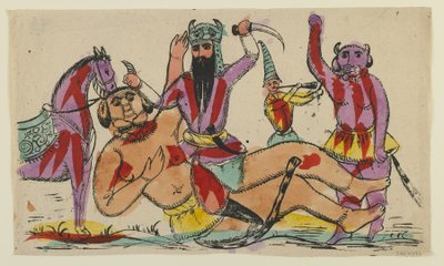 Rustam tuant le Div, fin du 19e siècle (lithographie coloriée à la main) - Persian School