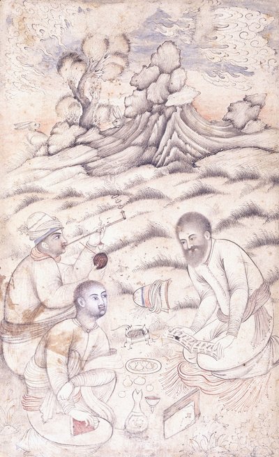 Trois jeunes hommes dans un paysage, vers le milieu du 17ème siècle - Persian School