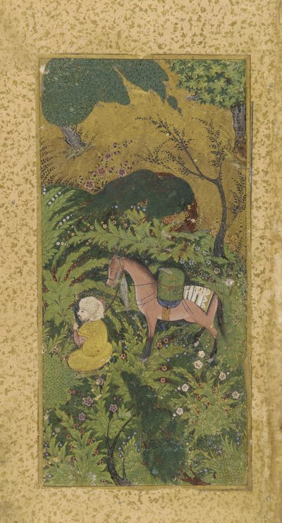 Palefrenier attendant avec cheval dans un bosquet boisé, probablement Tabriz, dynastie turkmène, vers 1500 - Persian School