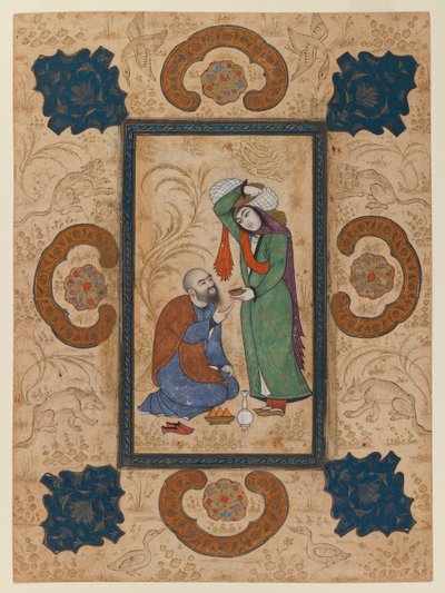 Jeune femme offrant du vin à un sage - Persian School