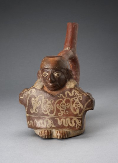 Vase à bec étrier représentant un homme tenant un textile décoré, 100 avant J.-C.-500 après J.-C. - Peruvian School