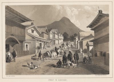 Rue à Hakodadi, lithographie par Sarony et Co., 1855 - Peter Bernhard Wilhelm Heine