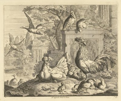 Coq, poule avec poussins et autres oiseaux dans un jardin avec des ruines antiques - Peter Casteels (III)