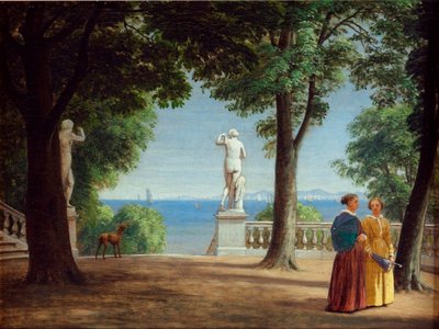 Vue vers Kullen depuis une terrasse de jardin avec statues - Peter Christian Skovgaard