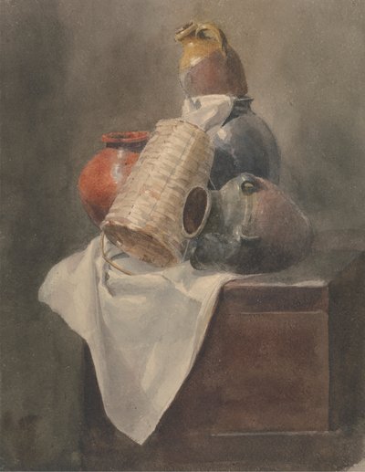 Nature morte : pots, panier et tissu sur un coffre - Peter DeWint
