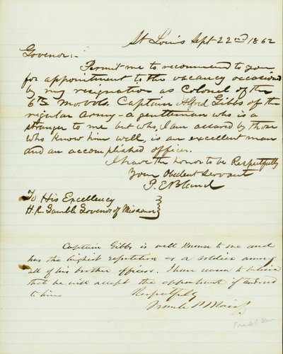 Lettre signée P.E. Bland, St. Louis, à H.R. Gamble, gouverneur du Missouri, 22 septembre 1862 - Peter E. Bland