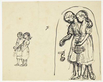 Deux petites filles dispersant des fleurs. Deux esquisses sur la même feuille - Peter Hansen