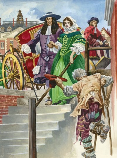 Un vieux soldat mendie auprès du roi Charles II, avec l