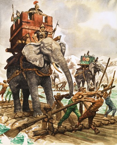Hannibal et ses éléphants traversant une rivière sur un radeau - Peter Jackson