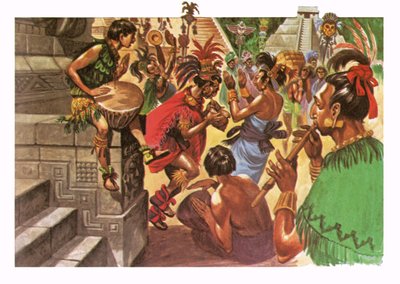 Natifs mayas dansant et faisant de la musique devant un temple - Peter Jackson