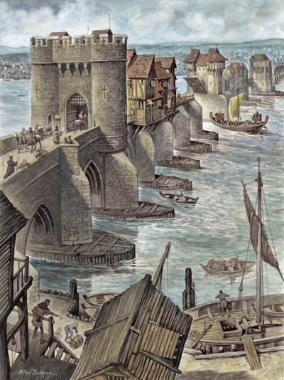 Reconstruction montrant le vieux pont de Londres quelques années après sa construction, vue vers le nord-ouest - Peter Jackson