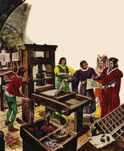 William Caxton montrant sa presse à imprimer au roi Édouard IV et à sa reine, Élisabeth - Peter Jackson