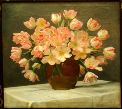 Tulipes dans un vase sur une table drapée - Peter Johan Schou