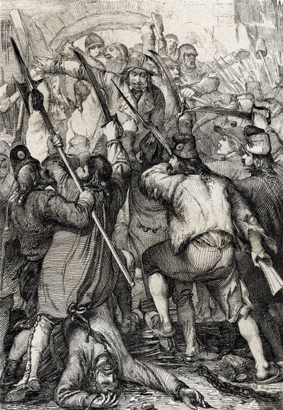 Révolution française : Le peuple armé et furieux entrant par le pont-levis et assassinant la garnison et le gouverneur lors de la prise de la Bastille - Peter Johann Nepomuck Geiger