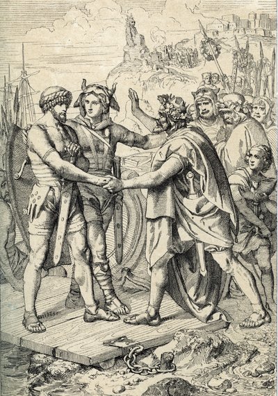 Débarquement de Hengest et Horsa, figures de la légende anglo-saxonne, qui raconte les deux frères germaniques ayant conduit les armées angles, saxonnes et jutes à la conquête des premiers territoires de la Grande-Bretagne au 5ème siècle - Peter Johann Nepomuck Geiger