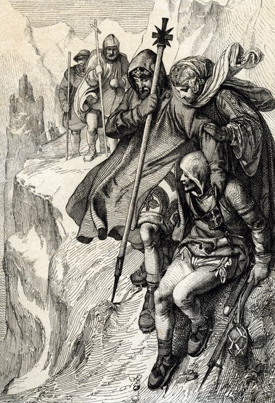 Le roi des Romains Henri IV passant le col du Mont-Cenis pour traverser les Alpes et se rendre chez la comtesse Mathilde de Toscane à Canossa où se trouve le pape Grégoire VII, janvier 1077 - Peter Johann Nepomuck Geiger