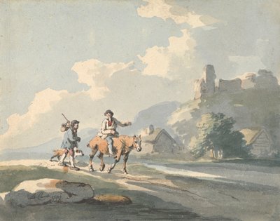 Composition : deux voyageurs et un chien sur une route passant devant des cottages, avec des ruines sur une colline - Peter La Cave