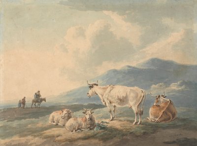 Paysage de montagne : avec vaches et chèvres au premier plan et personnages à gauche - Peter La Cave