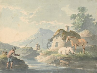 Scène rustique : homme pêchant, à gauche ; cottage avec moulin à eau et chevaux à droite - Peter La Cave