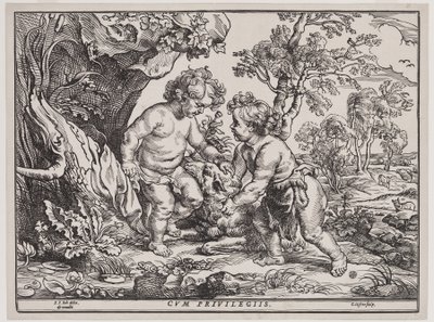 Enfant Jésus et Saint Jean jouant avec un agneau, gravure de Christoffel Jegher (1596-1653), après 1632 - Peter Paul (after) Rubens