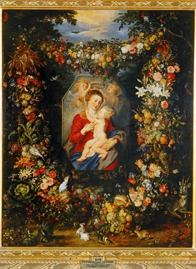 Marie, Vierge et Enfant avec couronne de fleurs et de fruits ... - Peter Paul & Brueghel Jan (1601 78) Rubens