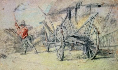 Un homme battant le grain avec une charrette de ferme au premier plan - Peter Paul Rubens