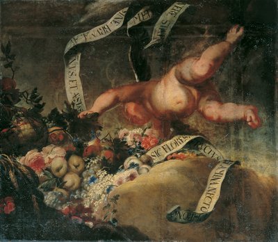 Putto avec fleurs, fruits et banderole - Peter Strudel