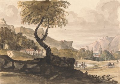 Scène vallonnée avec village et cavalier - Peter Tillemans