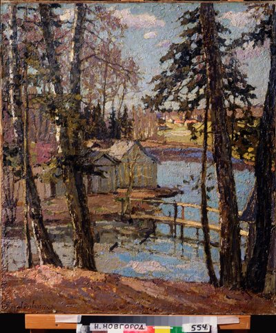 Printemps. À un étang. Peinture de Pyotr Ivanovich Petrovichev (1874-1947), huile sur toile - Petr Ivanovic Petrovichev