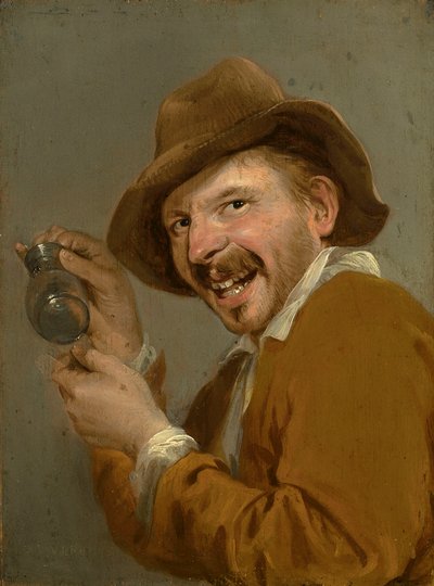 Goût : Un homme riant avec un verre retourné. De la série Personnifications des cinq sens, c.1635-66 - Petrus Staverenus