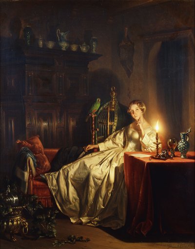 Un intérieur éclairé à la bougie avec une dame assise à une table, 1865 - Petrus van Schendel