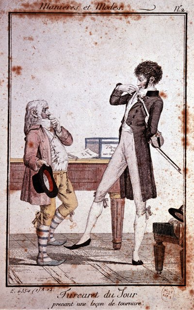 Manières et modes : Turcaret prenant une leçon de maintien, fin du XVIIIe siècle - Philibert Louis Debucourt