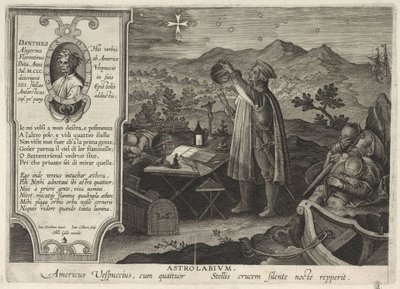 Amerigo Vespucci trouvant la constellation de la Croix du Sud avec un astrolabe Americae Retectio, 1591 - Philipp Galle