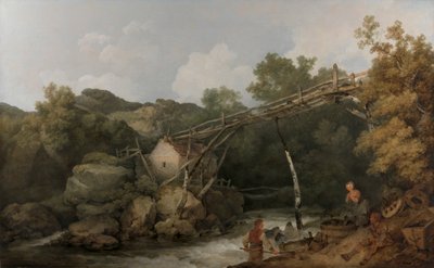 Vue près de Matlock, Derbyshire avec des figures travaillant sous un convoyeur en bois - Philippe Jacques de Loutherbourg