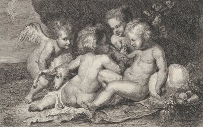 Un groupe de trois enfants et un putto avec des fruits et un agneau - Philippe Lambert Joseph Spruyt
