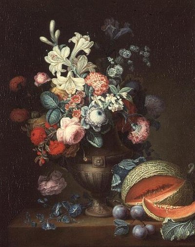 Nature morte de fleurs dans un vase classique avec un melon coupé - Philippe Parpette