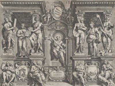 Thèse allégorique avec diverses figures, dans une structure architecturale, 1608 - Philippe Thomassin