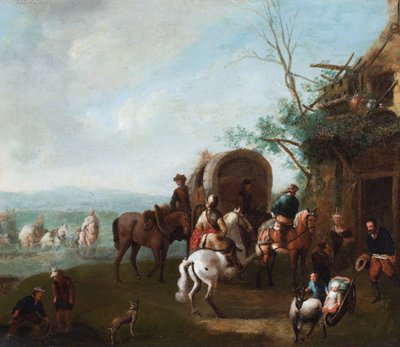 Voyageurs devant une auberge avec un homme sur un cheval blanc cabré (huile sur métal) - Philips (manner of) Wouwermans or Wouvermans